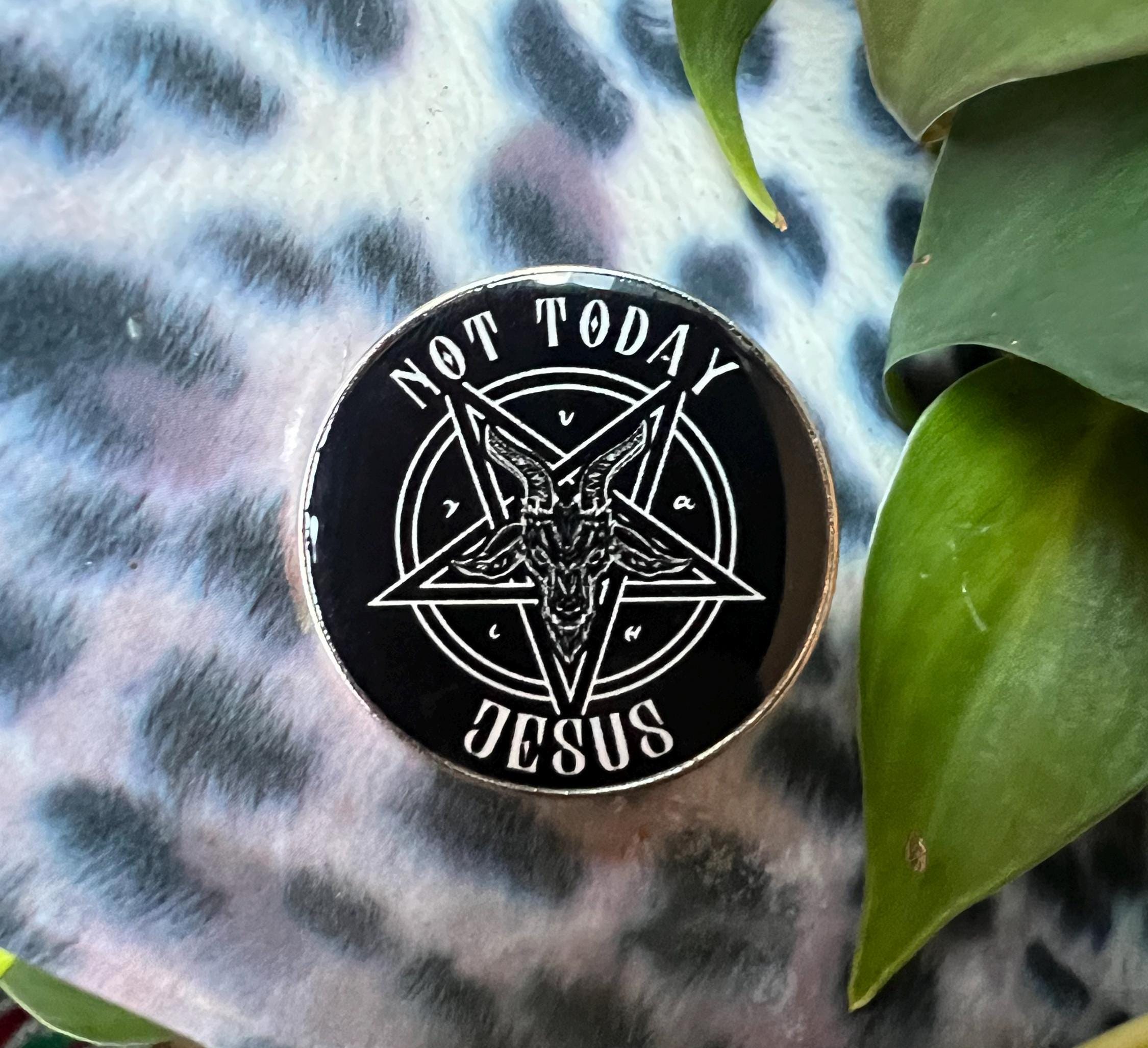 punk pins goth enamel pins and badges gothic accessories “not today Jesus” satanic pins pentagram Baphomet badges and buttons