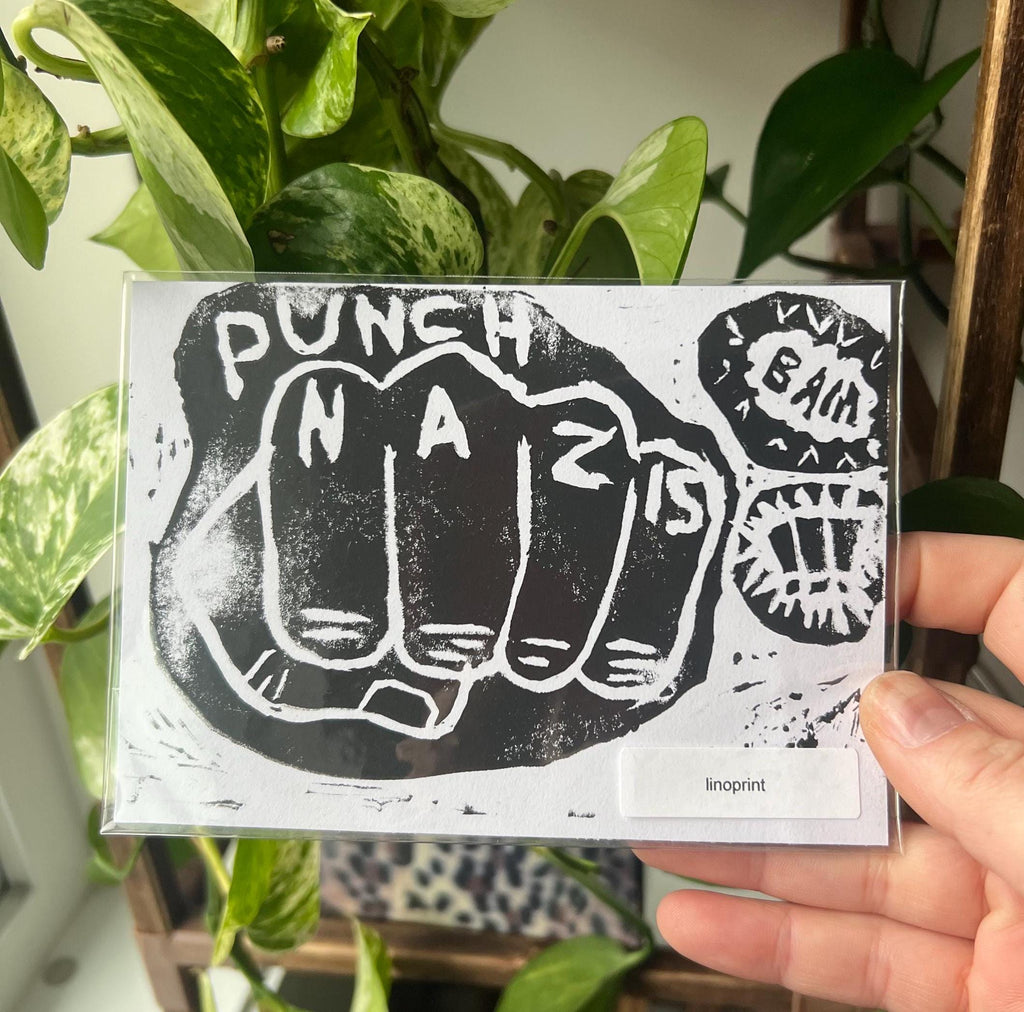 punch nazis linoprint handmade punk wall art goth art print punk home decor punk prints statement art feminist home decor