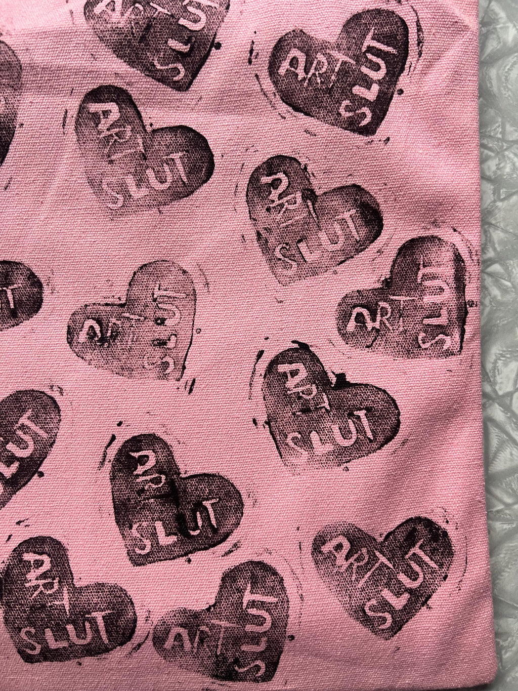 feminist art pink canvas tote bag statement totebag art slut red heart linoprint tote bag handmade gifts for her queer tote bags pride purse