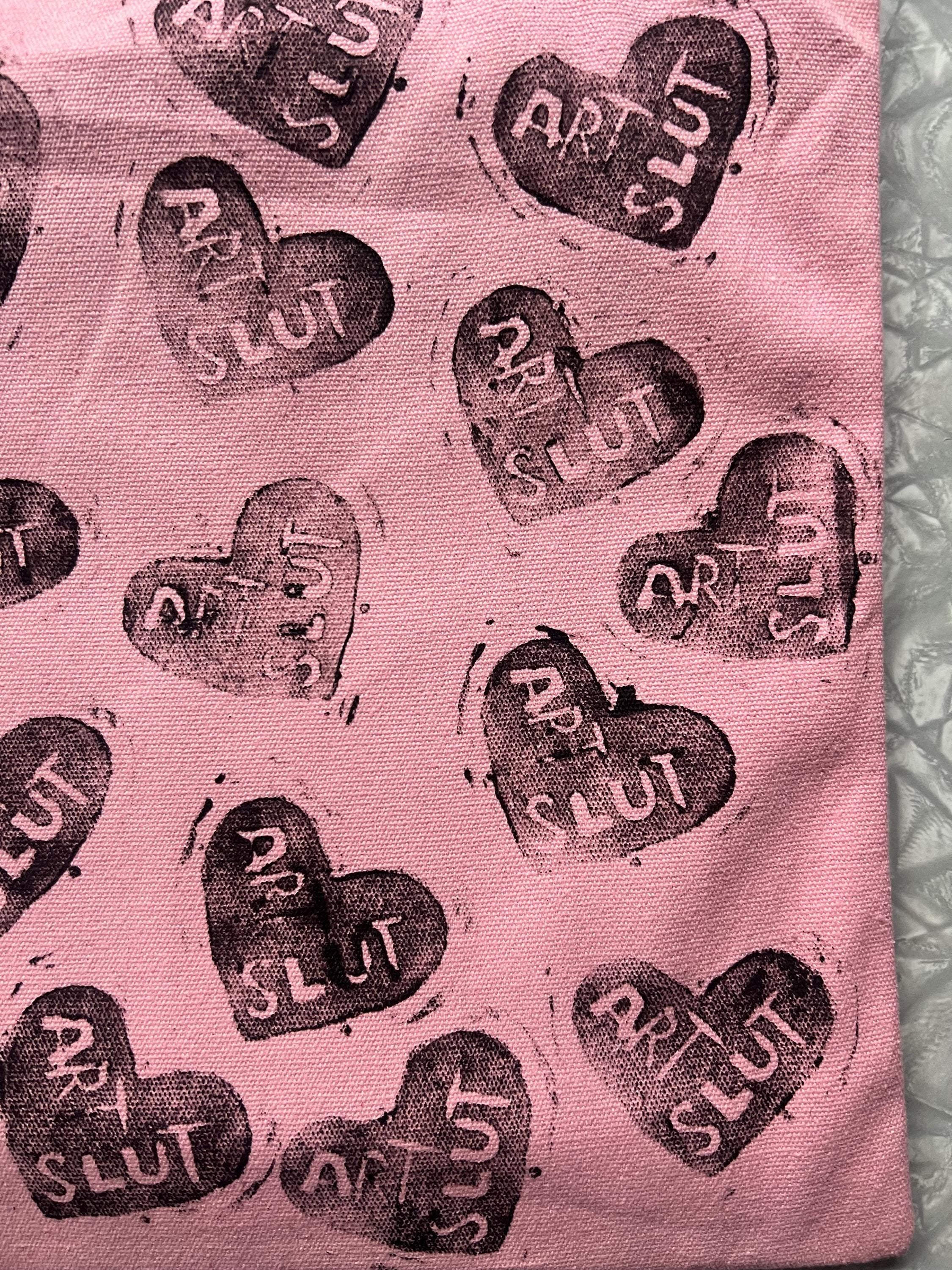 feminist art pink canvas tote bag statement totebag art slut red heart linoprint tote bag handmade gifts for her queer tote bags pride purse