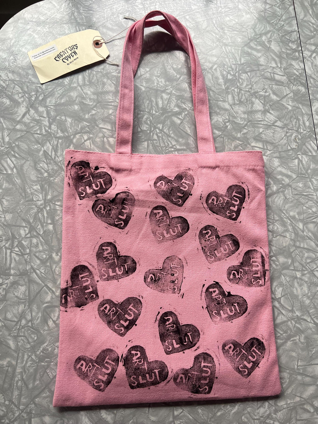 feminist art pink canvas tote bag statement totebag art slut red heart linoprint tote bag handmade gifts for her queer tote bags pride purse