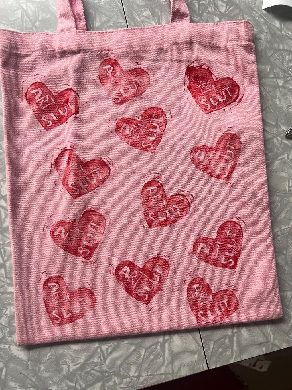 feminist art pink canvas tote bag statement totebag art slut red heart linoprint tote bag handmade gifts for her queer tote bags pride purse