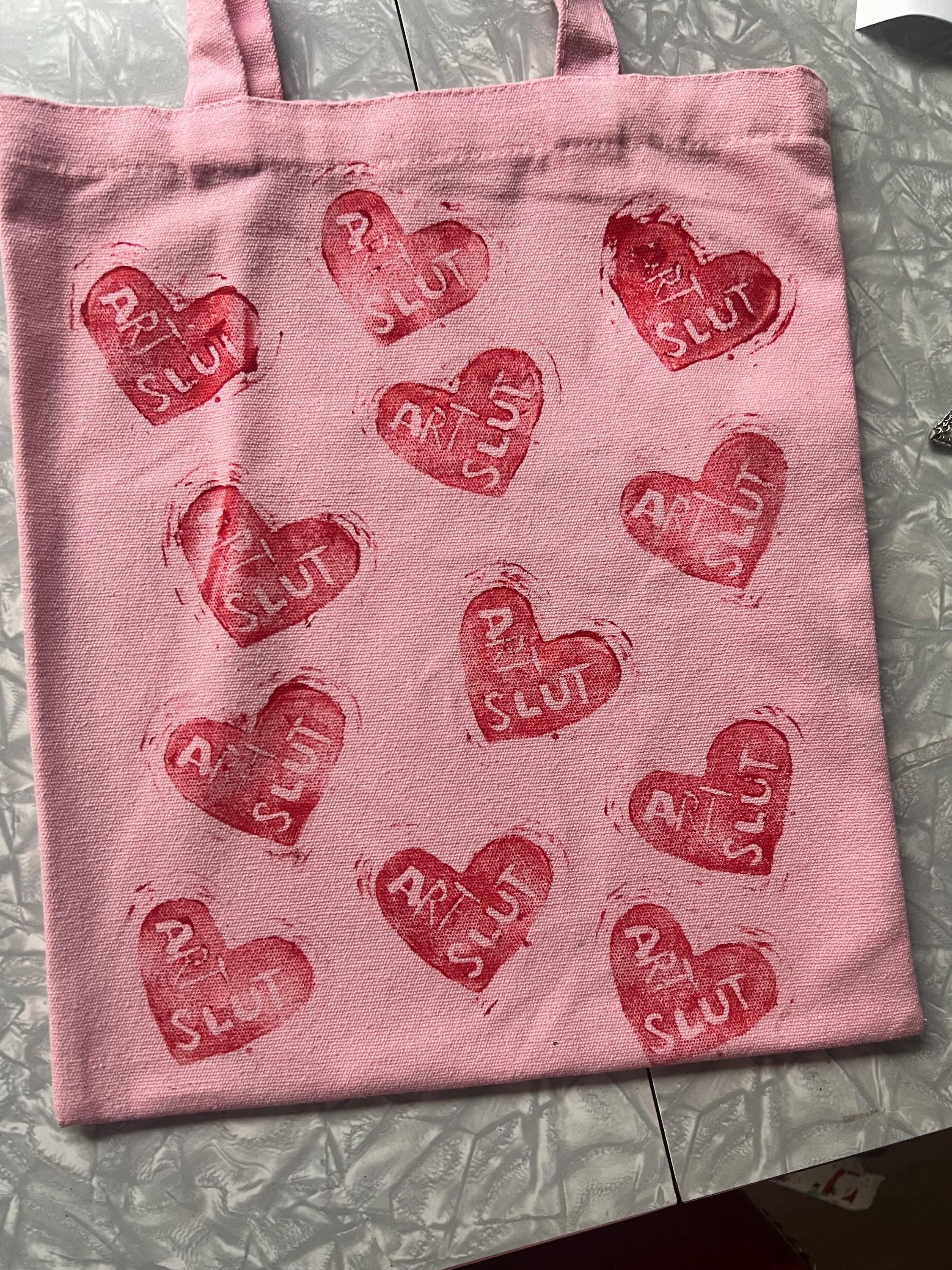 feminist art pink canvas tote bag statement totebag art slut red heart linoprint tote bag handmade gifts for her queer tote bags pride purse