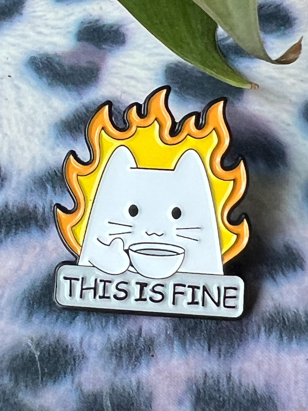 funny enamel pins and badges sarcastic pins THIS IS FINE cats and coffee pins dark humor cat accessories dumpster fire pin