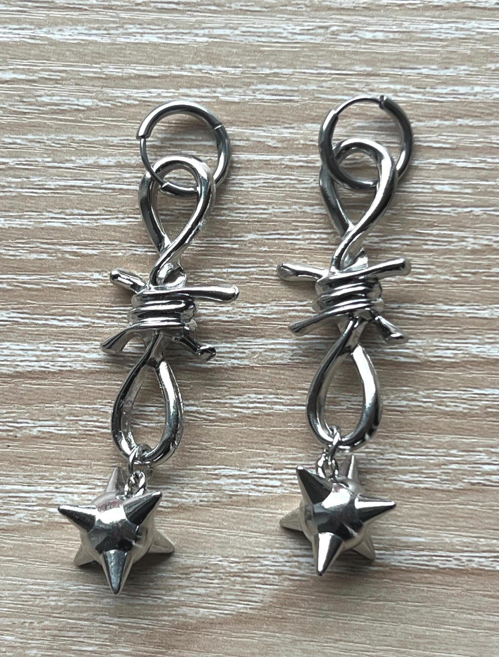 spiked barbed wire huggie earrings gothic morning star earrings punk jewelry goth accessories stainless steel hypoallergenic silver hoops