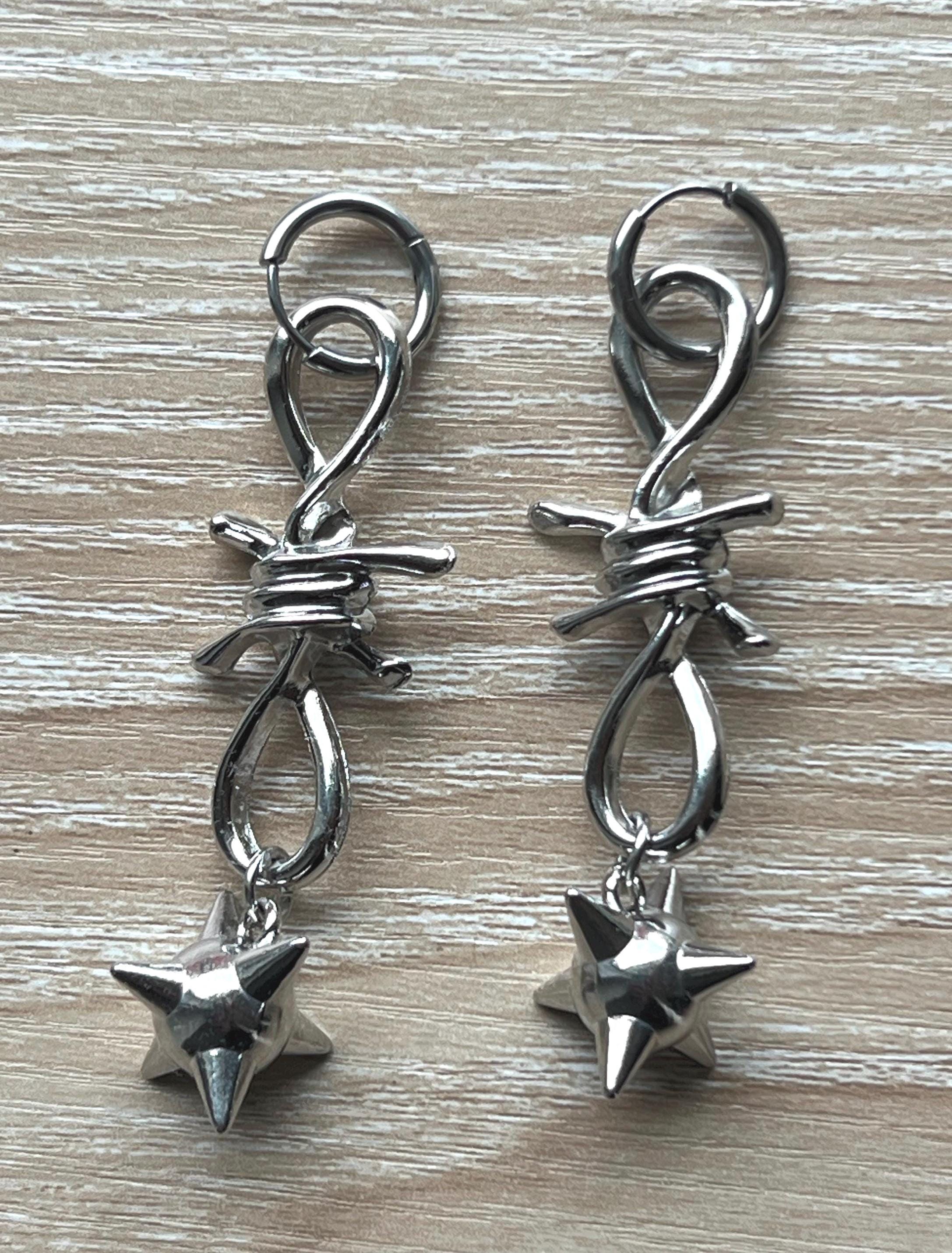 spiked barbed wire huggie earrings gothic morning star earrings punk jewelry goth accessories stainless steel hypoallergenic silver hoops