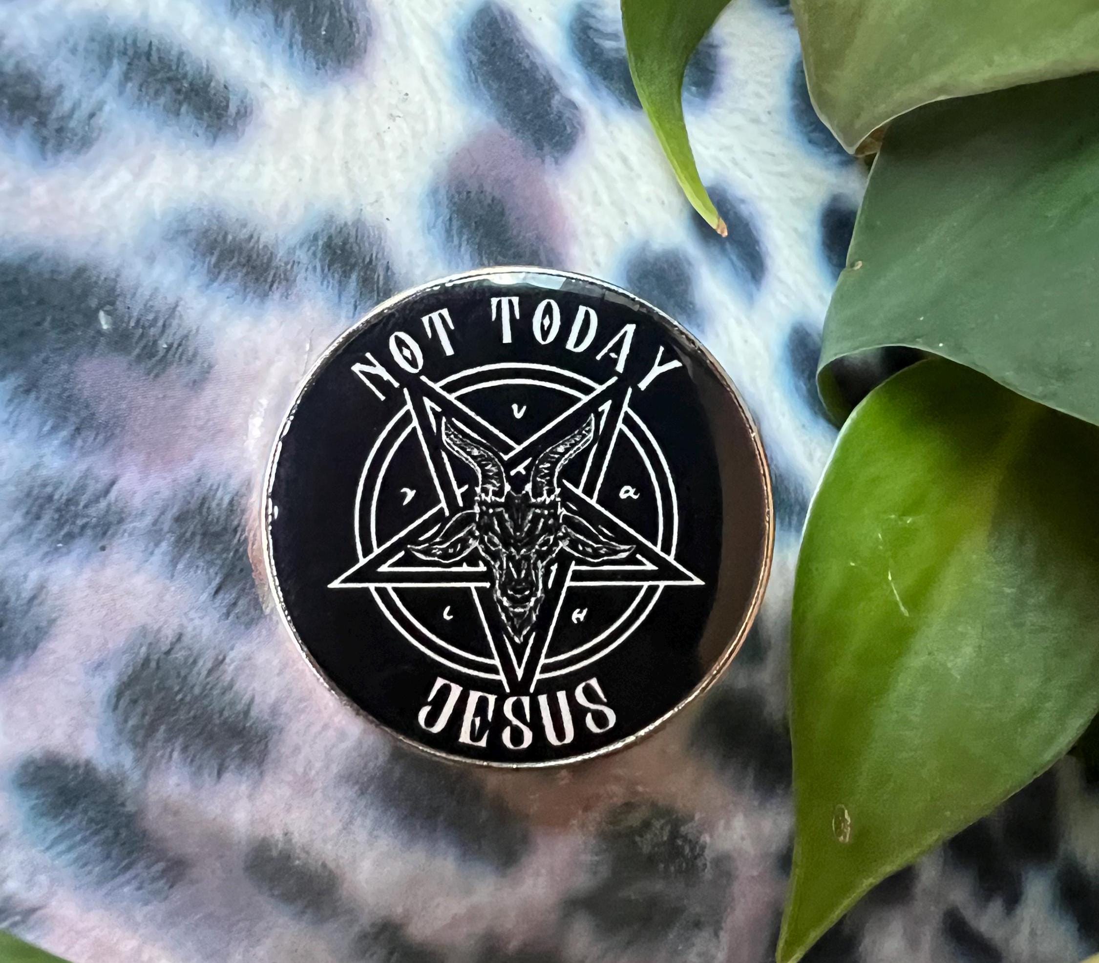 punk pins goth enamel pins and badges gothic accessories “not today Jesus” satanic pins pentagram Baphomet badges and buttons