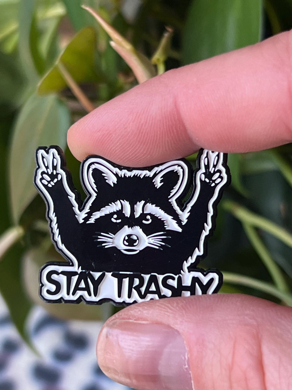punk pins and badges goth pinback buttons raccoon pins stay trashy black and white lapel pin