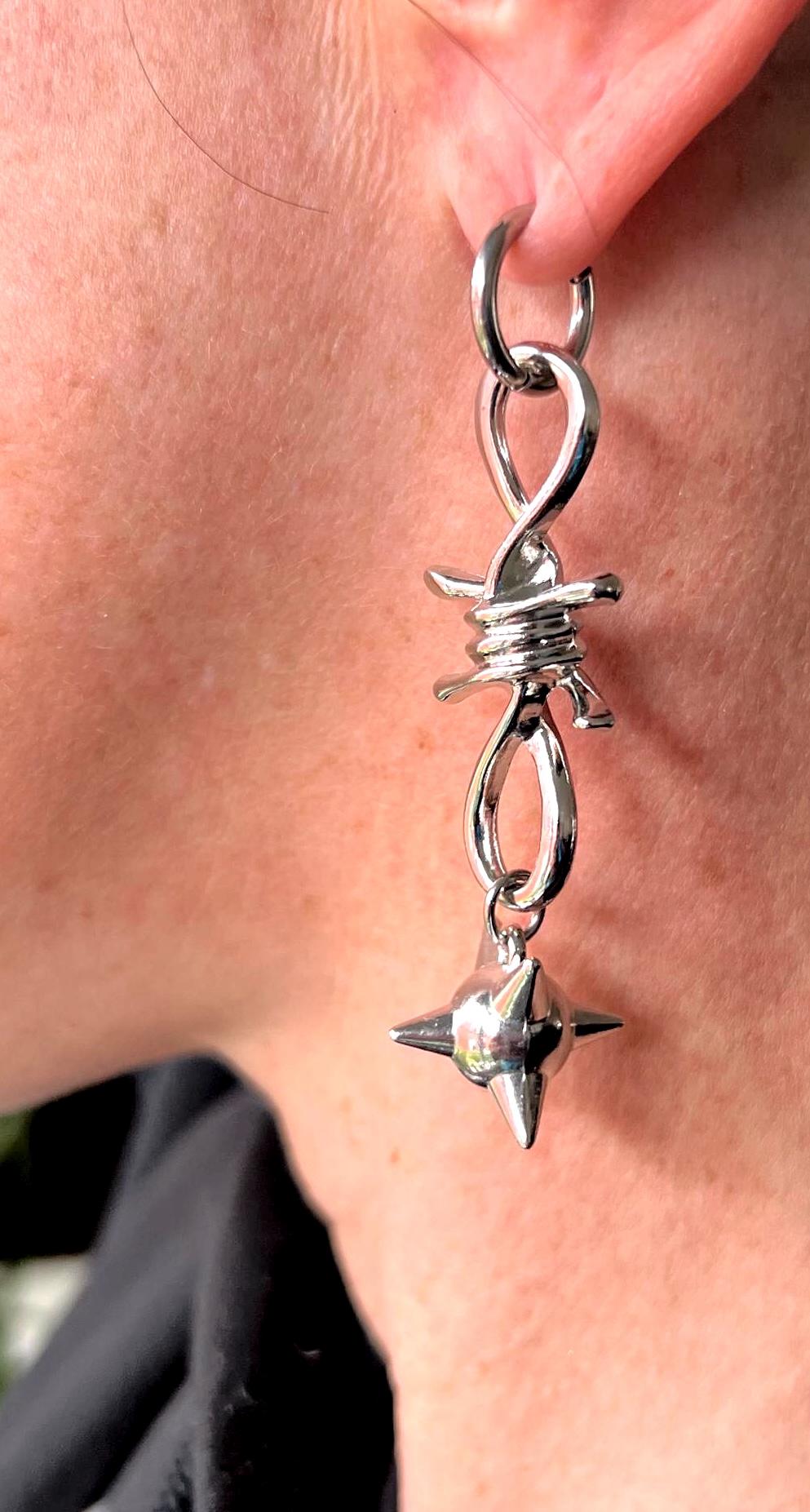 spiked barbed wire huggie earrings gothic morning star earrings punk jewelry goth accessories stainless steel hypoallergenic silver hoops