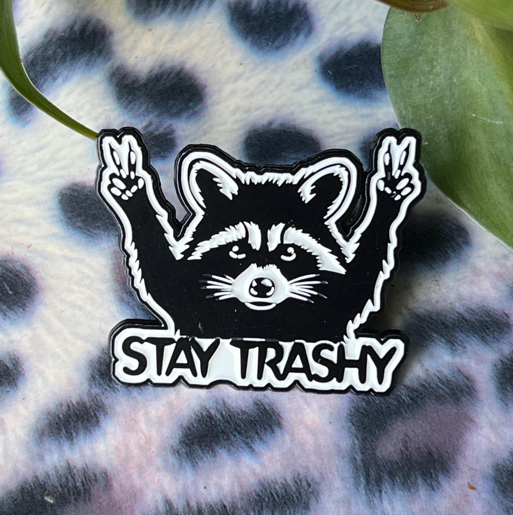 punk pins and badges goth pinback buttons raccoon pins stay trashy black and white lapel pin