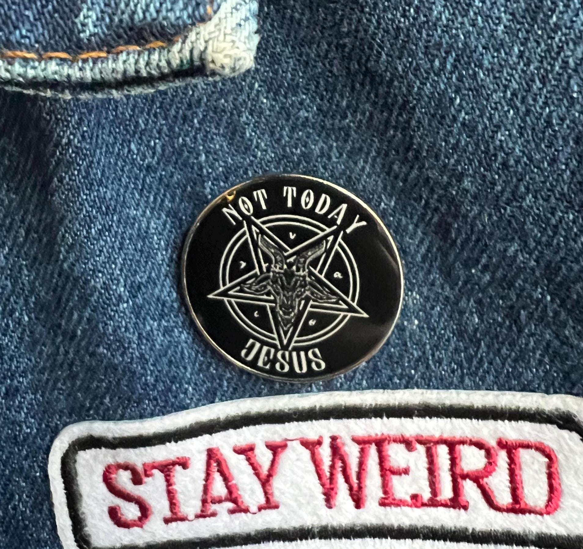 punk pins goth enamel pins and badges gothic accessories “not today Jesus” satanic pins pentagram Baphomet badges and buttons