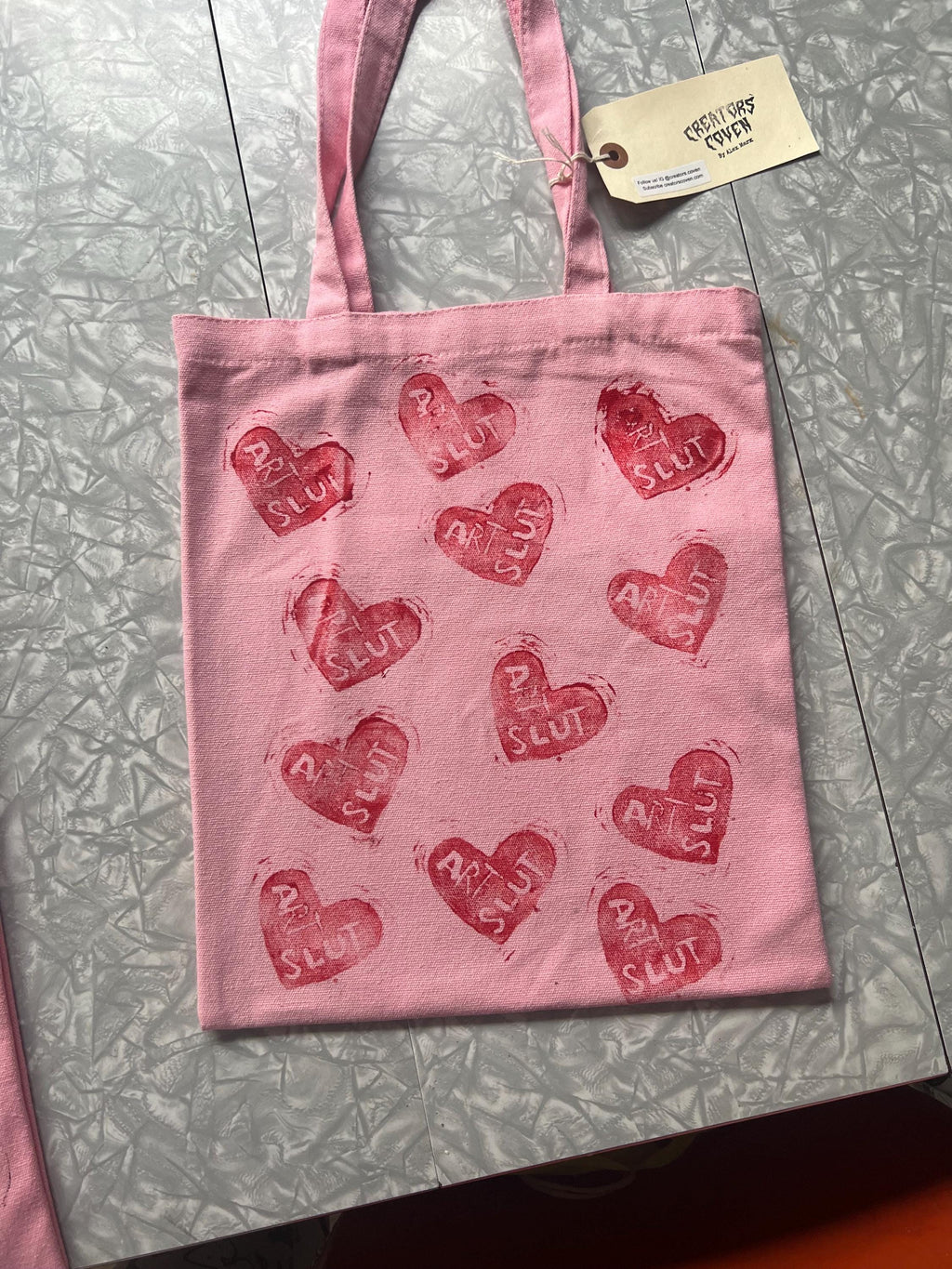 feminist art pink canvas tote bag statement totebag art slut red heart linoprint tote bag handmade gifts for her queer tote bags pride purse