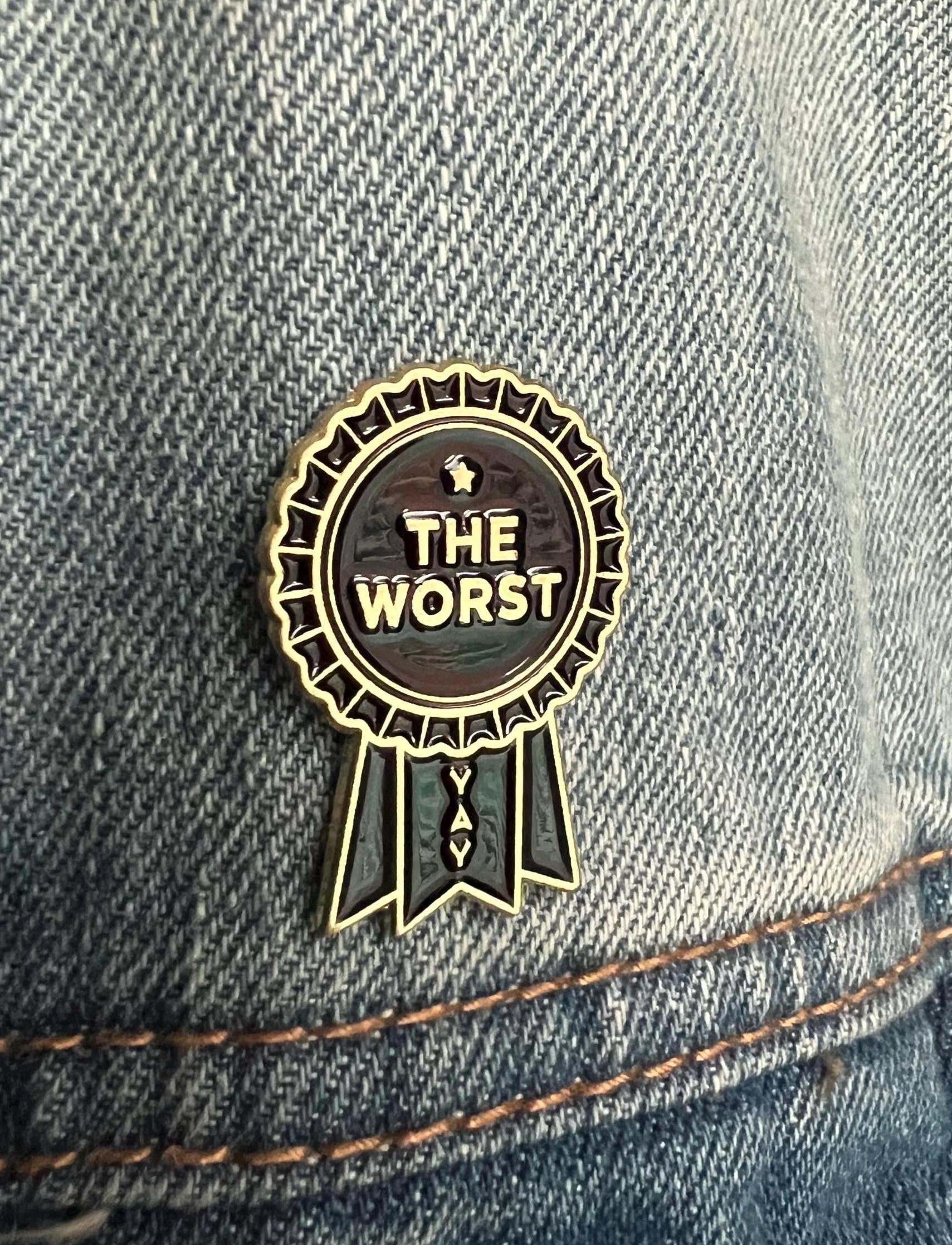 goth pins punk pins gothic enamel pins | dark humor award ribbon the worst goth lapel pin queer black and gold pin dark accessory funny pins