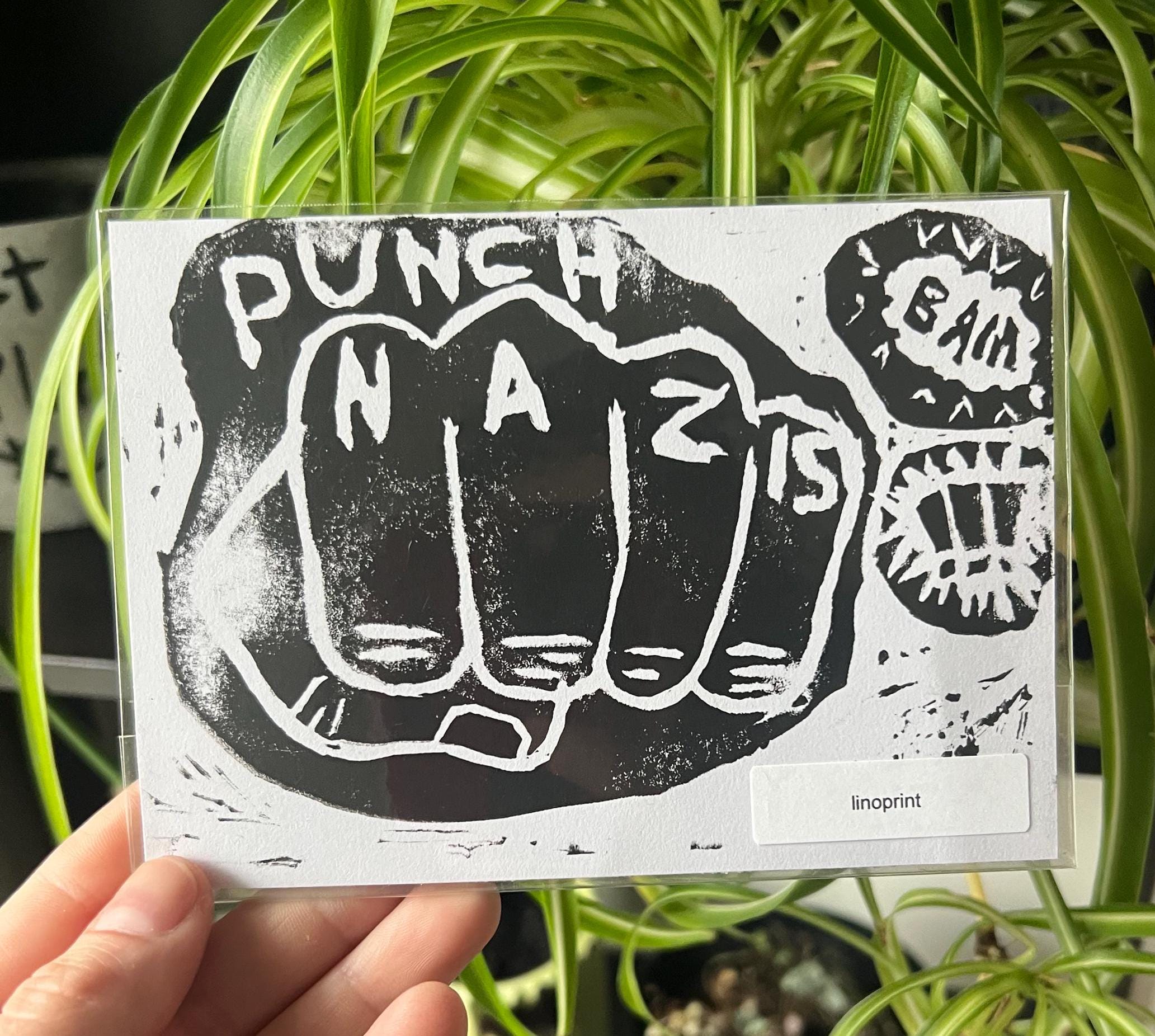 punch nazis linoprint handmade punk wall art goth art print punk home decor punk prints statement art feminist home decor