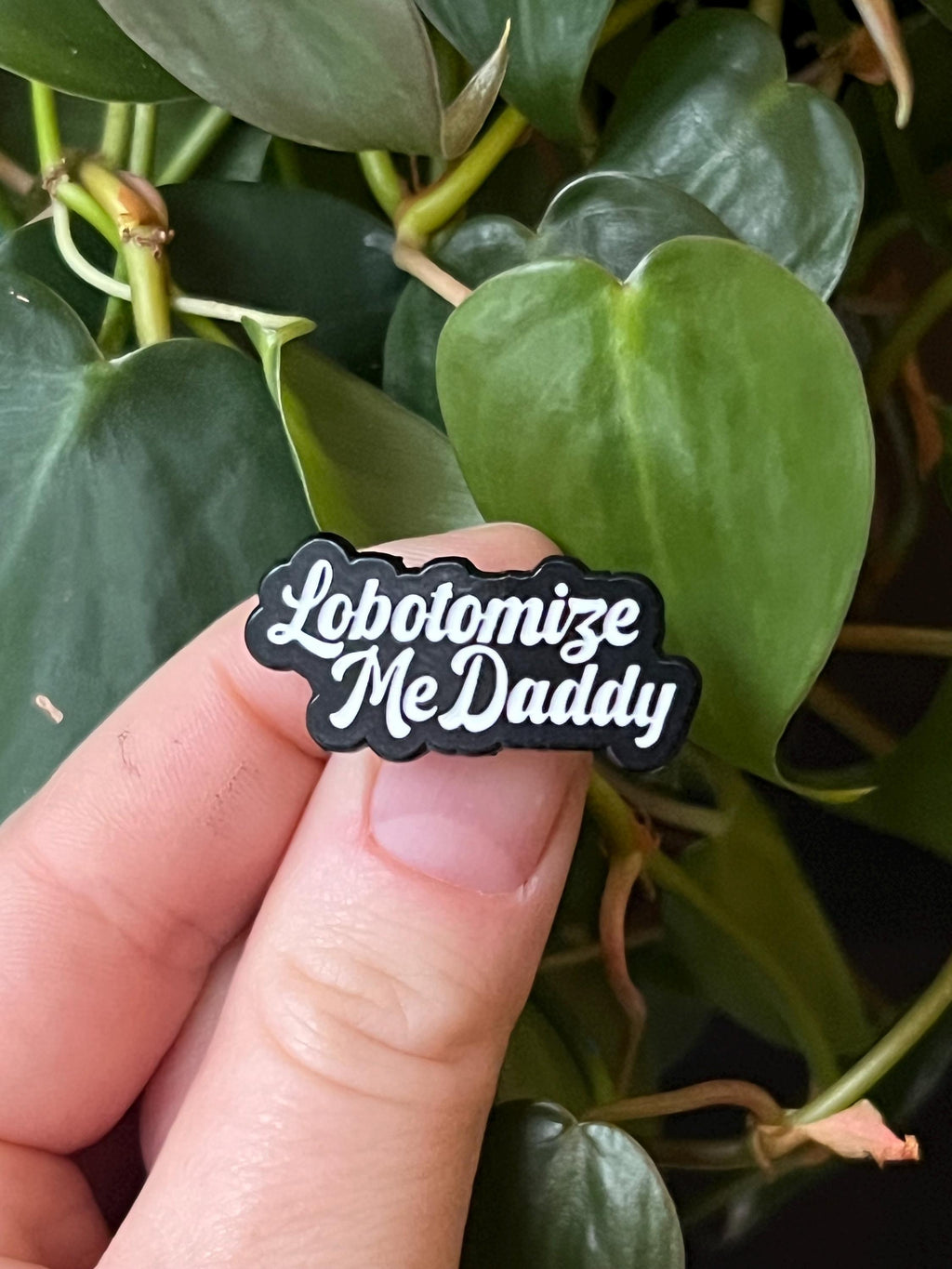 funny edgy punk enamel pins "lobotomize me daddy" dark humor pins and badges punk pins gothic enamel pins kinky accessories mature theme
