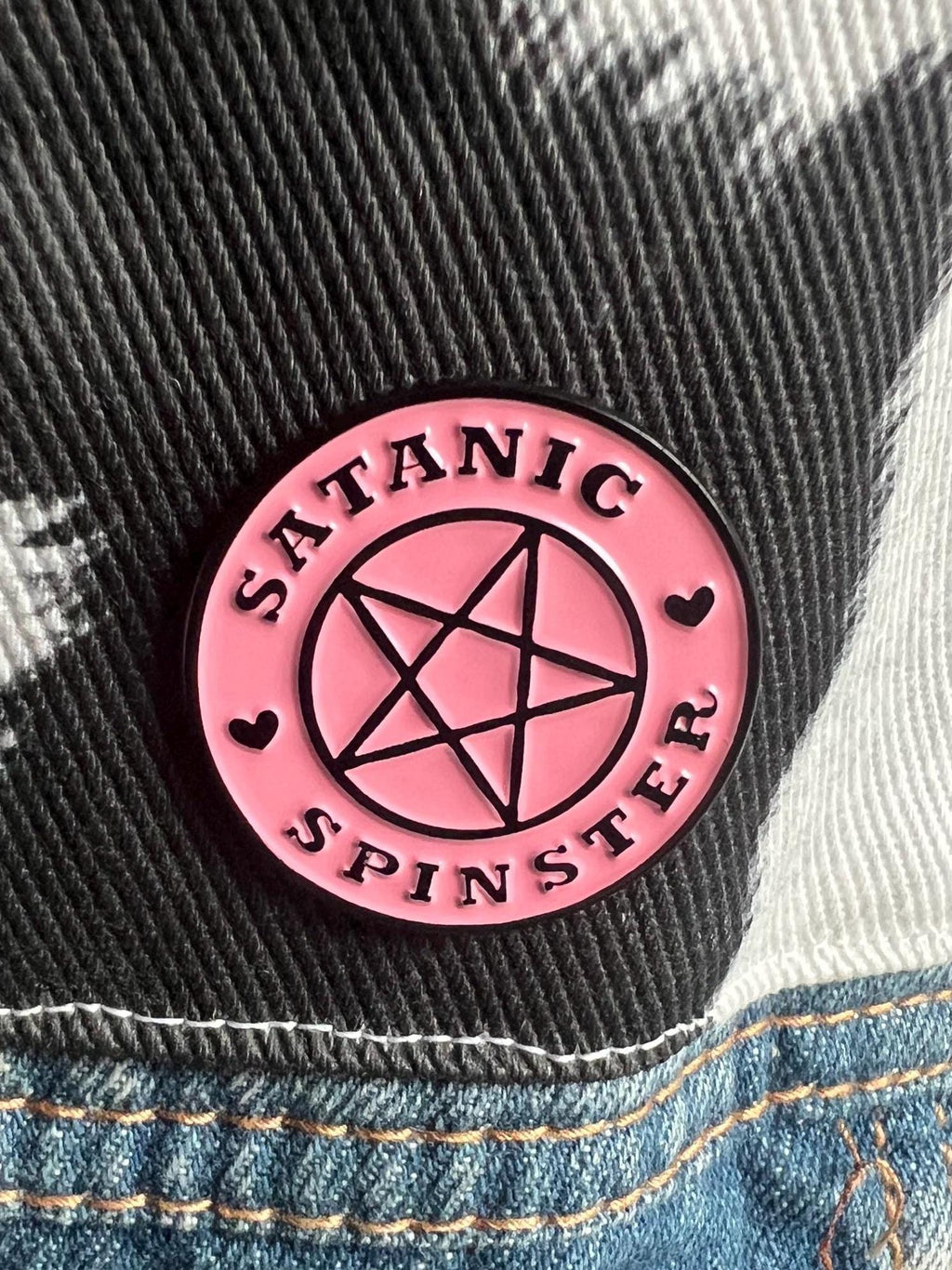 Satanic Spinster round pink pentagram enamel pin