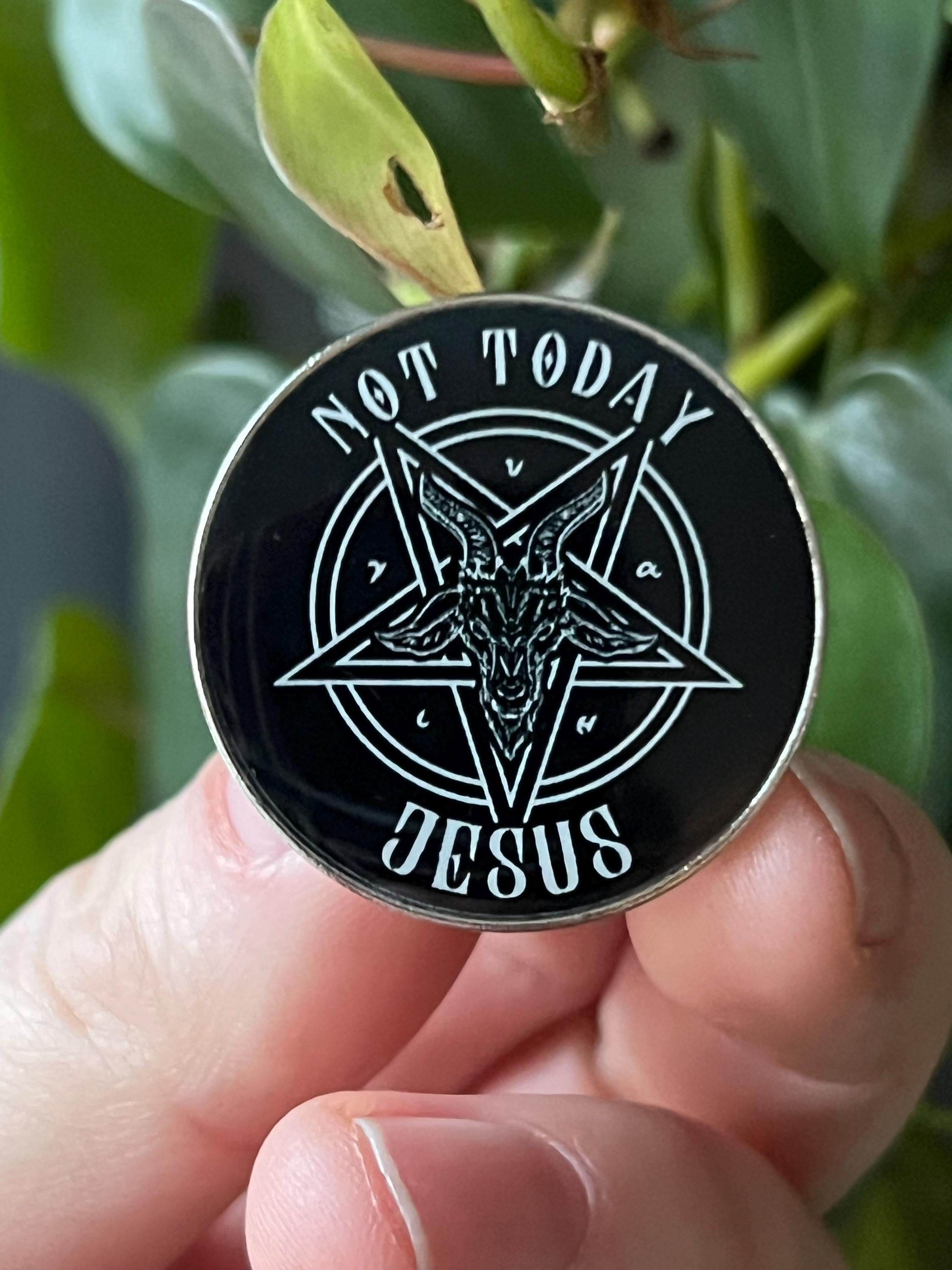 punk pins goth enamel pins and badges gothic accessories “not today Jesus” satanic pins pentagram Baphomet badges and buttons